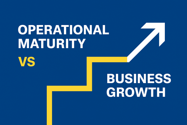 Illustration showing operational maturity compared to business growth, designed in blue and yellow with upward and sideways arrows.